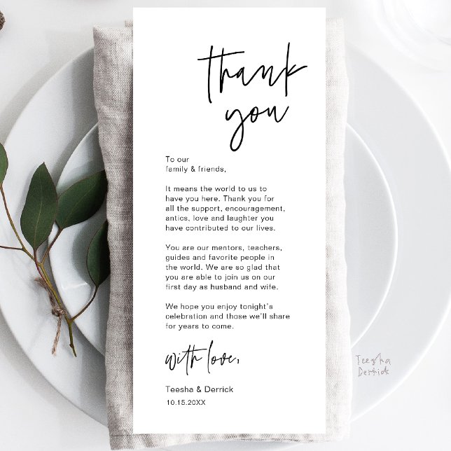 Moderne Casual-Hochzeitsplatz-Einstellungs-Dankesk Programm (Modern Casual Wedding Place Setting Dinner Thank You Card in black and white)