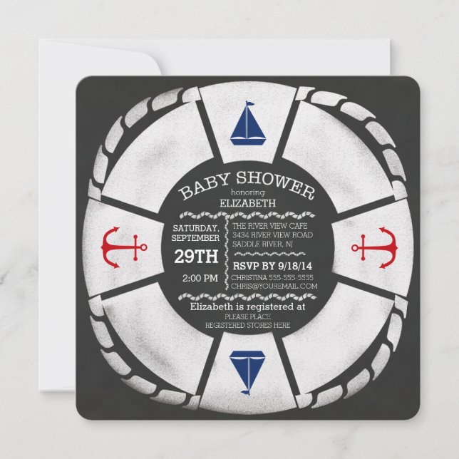 Moderne Chalkboard Nautical Baby Dusche Einladung (Vorderseite)