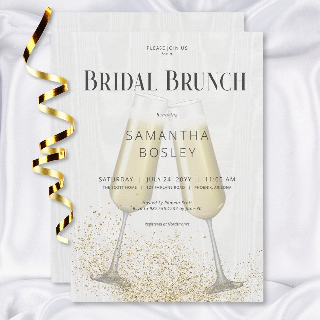 Moderne Champagnerbrille & Glitzer Bridal Brunch Einladung (Modern Champagne Glasses & Glitter Bridal Brunch Invitation)
