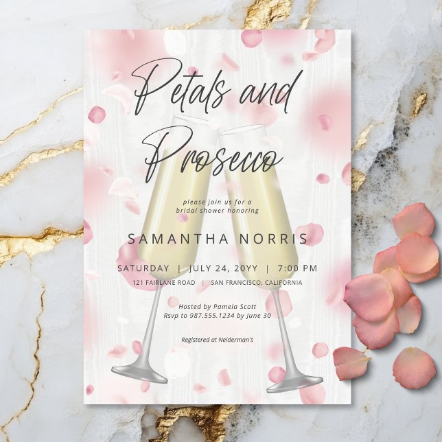 Moderne ChampagnerPetals & Prosecco Brautparty Einladung (Modern Champagne Petals & Prosecco Bridal Shower Invitation)