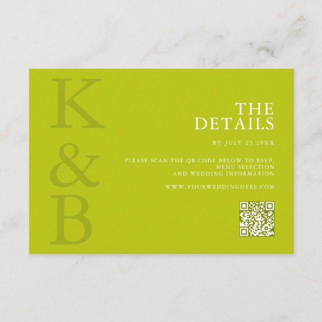 Moderne Chartreuse-Minimalist-Hochzeit Begleitkarte (Vorderseite)