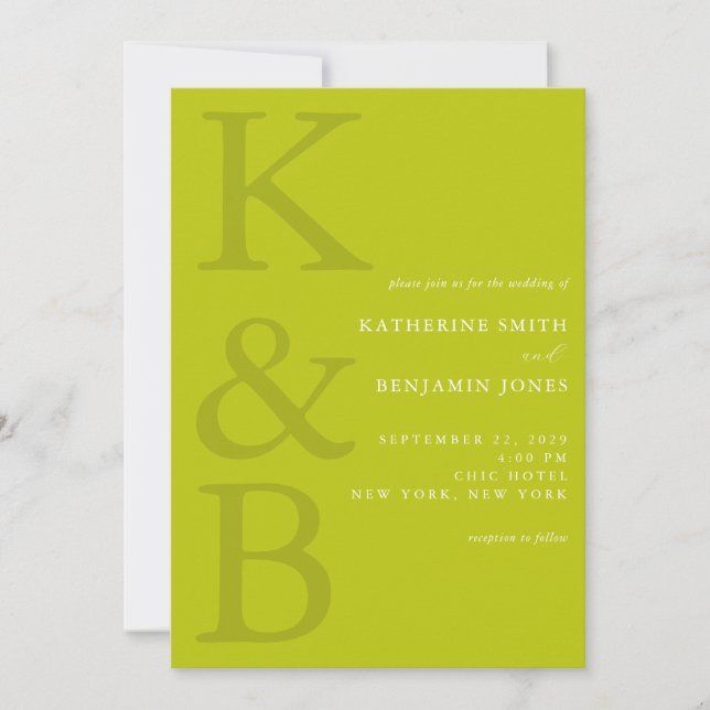 Moderne Chartreuse-Monogramm-Minimalist-Hochzeit Einladung (Vorderseite)
