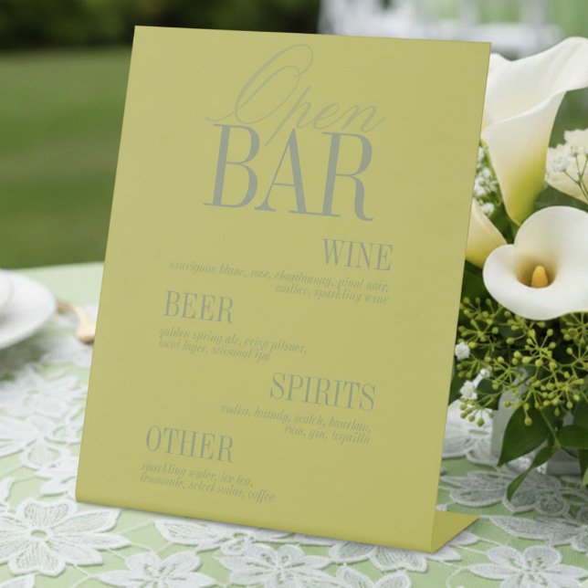 Moderne Chartreuse Open Bar Menü Hochzeit Sockelschild (Modern Chartreuse Open Bar Menu Wedding Pedestal Sign)