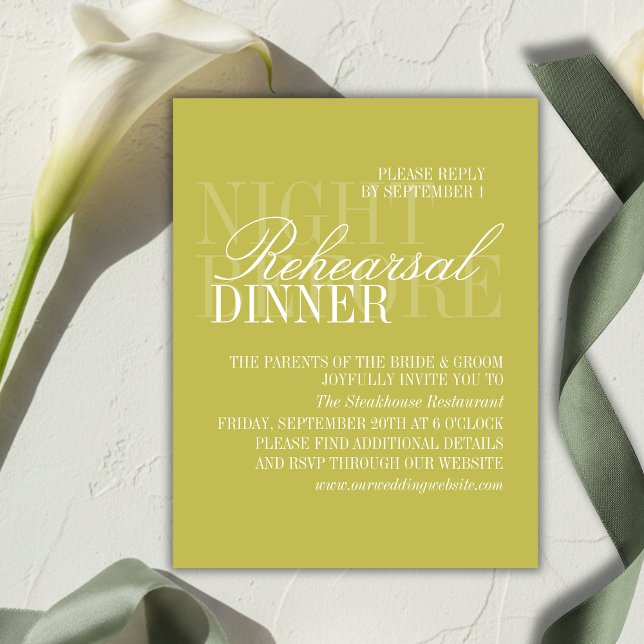 Moderne Chartreuse-Schrift Hochzeitsprobe Begleitkarte (Modern Chartreuse Script Wedding Rehearsal Enclosure Card)