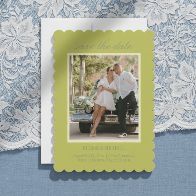 Moderne Chartreuse-Script-Hochzeitsfoto Save The Date (Invite guests to save the date for your big day with this Modern Script Green Save the Date!)