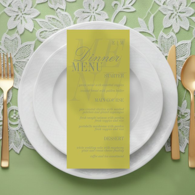 Moderne Chartreuse-Skriptformale Hochzeit Menükarte (Set the dinner tables of your big day with this Modern Script Citrus Green Formal Wedding Menu! )