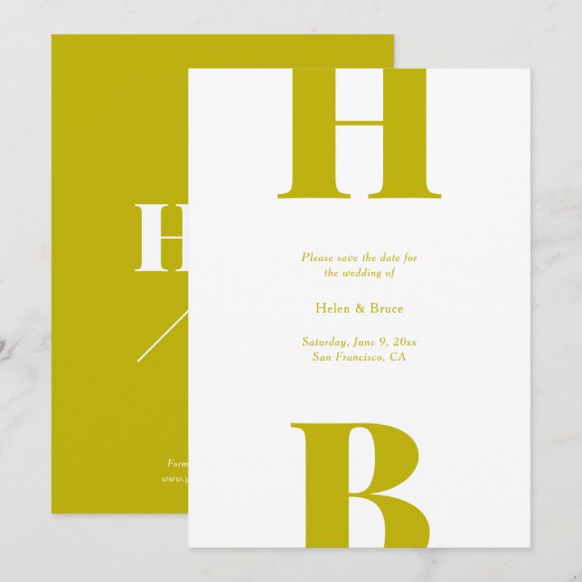 Moderne Chartreuse-Typografie-Monogramm-Hochzeit Save The Date (Vorne/Hinten)