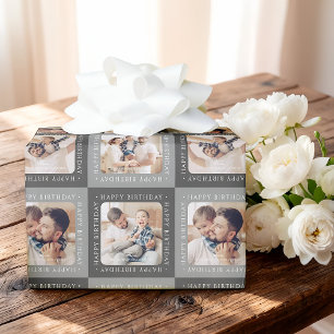 Moderne Check-Muster Happy Birthday 4 Familie Foto Geschenkpapier