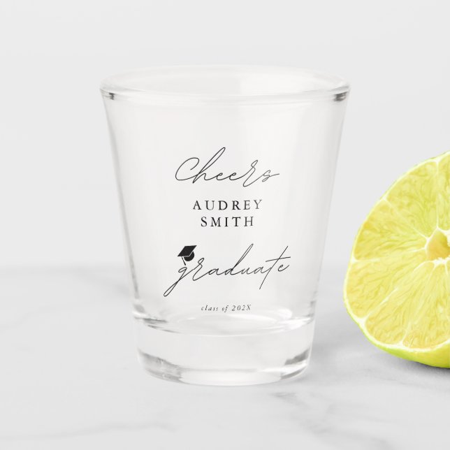 Moderne Cheers Abschluss Skript Abschlussmütze Schnapsglas (Vorderseite)