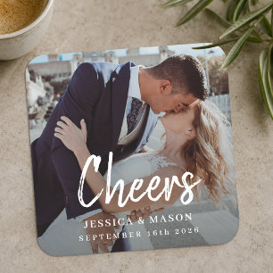 Moderne Cheers Schriftzug Paar Hochzeitsfoto Rechteckiger Pappuntersetzer