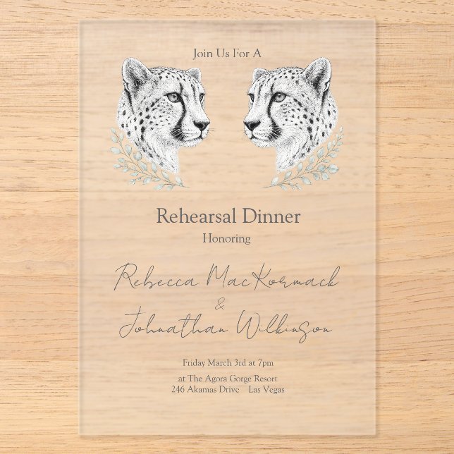 Moderne Cheetah-Elegante Probe-Dinner-Design Acryleinladungen (Vorderseite)