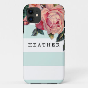 MODERNE Chic breite Streifen mit Rosen, Aquablau iPhone 11 Hülle