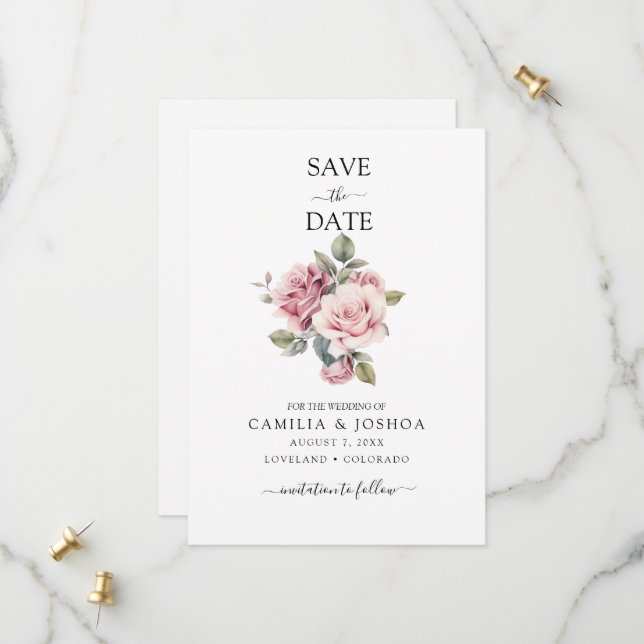 Moderne Chic Elegante Romantische Rosa Rosenhochze Save The Date (Vorderseite/Rückseite Beispiel)