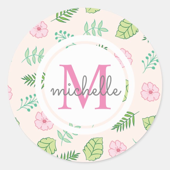 Moderne Chic Floral Monogram Runder Aufkleber (Vorderseite)