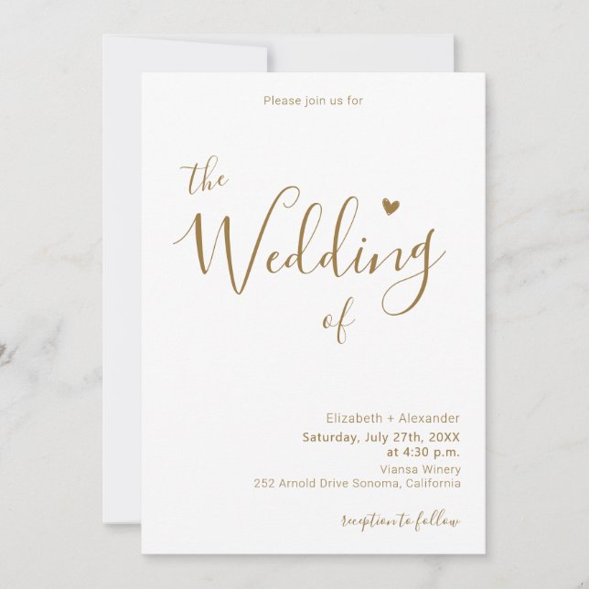 Moderne Chic Gold Calligraphy Script Heart Wedding Einladung (Vorderseite)