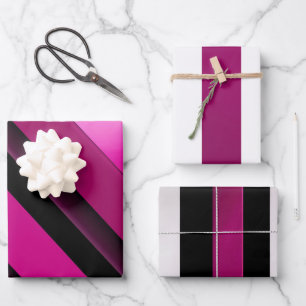 Moderne Chic Magenta, Schwarz und Weiß gestreift Geschenkpapier Set