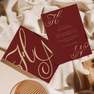 Moderne Chic Monogram Burgundy und Gold Wedding Einladung