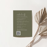 Moderne Chic Olive Green Wedend Events Begleitkarte<br><div class="desc">Diese moderne,  schicke,  olivengrüne Hochzeitswochenende Umzäunungskarte eignet sich perfekt für eine einfache Hochzeit. Das holzbraune Design zeichnet sich durch eine einzigartige und stilvolle böhmische Typografie in einer minimalen Waldgrün Farbe aus. Fügen Sie Ihren Gästen einen QR-Code hinzu,  um weitere Informationen zu erhalten.</div>