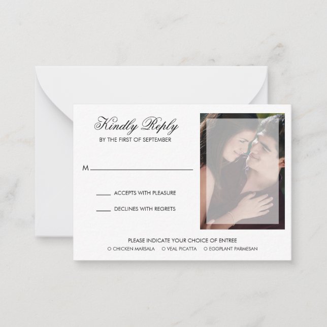 Moderne Chic Script Foto Wedding Mini RSVP Card Mitteilungskarte (Vorderseite)