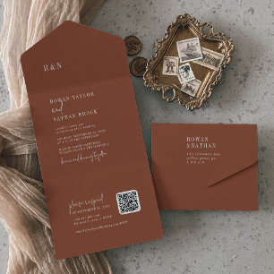 Moderne Chic Terracotta Rust QR Monogram Wedding All In One Einladung