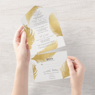 Moderne Chic Tropische Gold Palm Weißliche Hochzei All In One Einladung