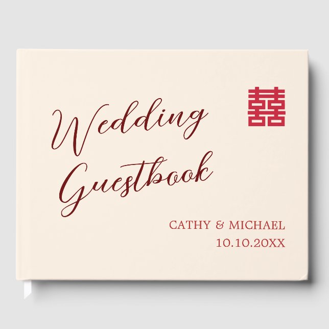 Moderne chinesische Hochzeit in Rot-Beige Gästebuch (Vorderseite)
