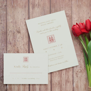 Moderne chinesische Weise-Olive-Doppelglück-Hochze RSVP Karte