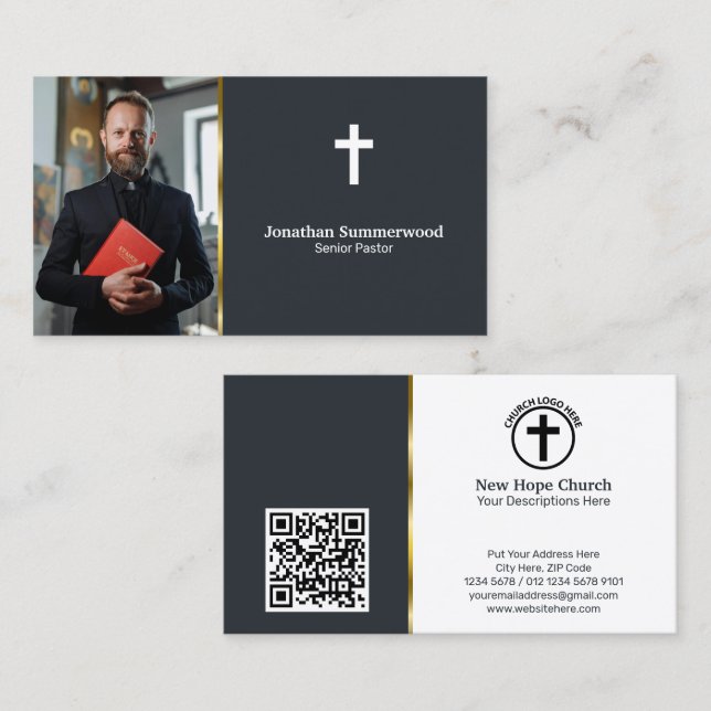 Moderne Christliche Pastete mit Foto & QR Code Visitenkarte (Vorne/Hinten)