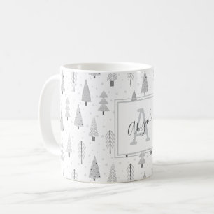 Moderne Christwaldbäume Silver Gray Monogram Kaffeetasse