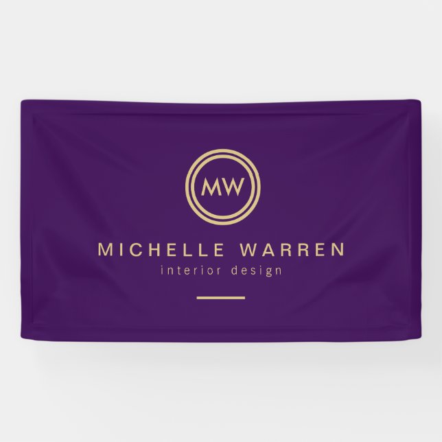 Moderne Circle Monogram Initialen auf Royal Lila Banner (Horizontal)