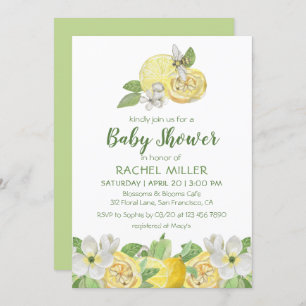 Moderne Citrus Floral Lemon Wasserfarbe Babydusche Einladung