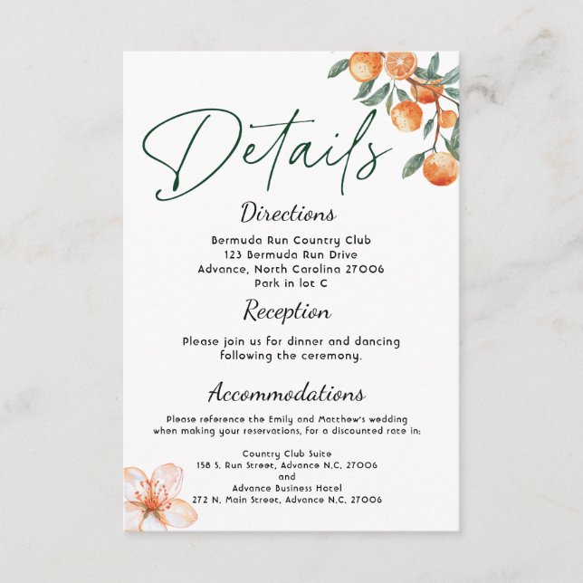 Moderne Citrus-Themed Wedding Details Card Begleitkarte (Vorderseite)