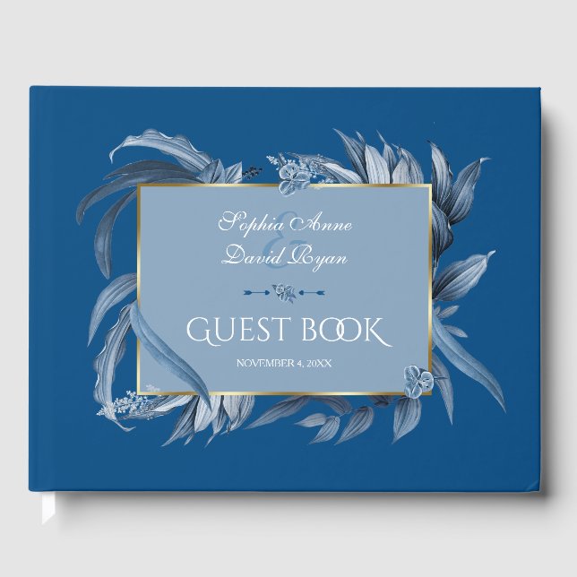 Moderne Classic Blue Blätter Geometric Gold Weddin Gästebuch (Vorderseite)