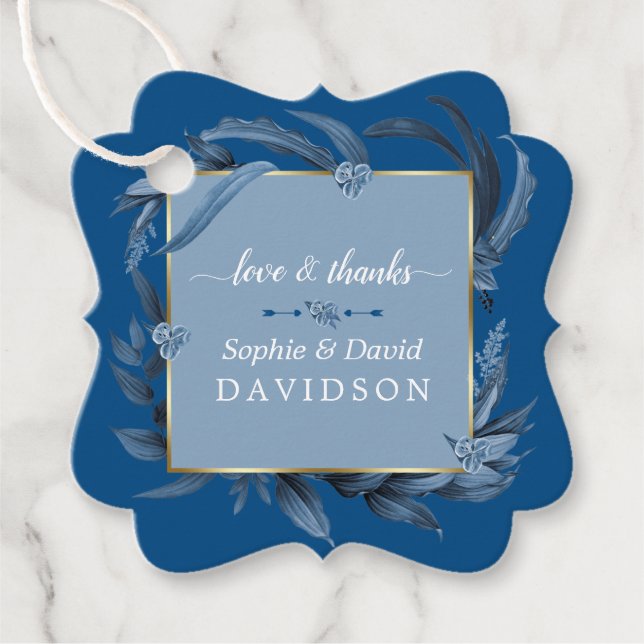 Moderne Classic Blue Blätter Geometric Gold Weddin Geschenkanhänger (Vorderseite)