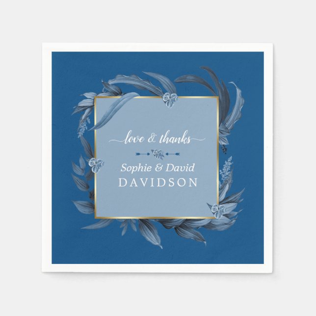 Moderne Classic Blue Blätter Geometric Gold Weddin Serviette (Vorderseite)