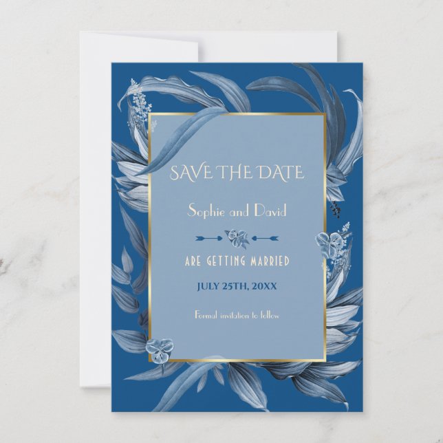 Moderne Classic Blue Blätter Gold Save the Date Einladung (Vorderseite)