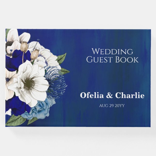 Moderne Cobalt Dusty Blue White Floral Wedding Gästebuch (Vorderseite)