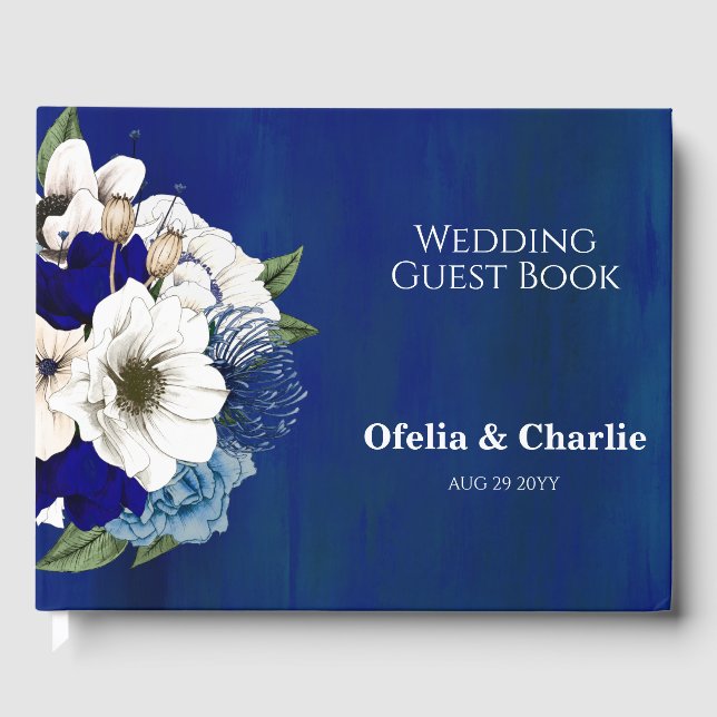 Moderne Cobalt Dusty Blue White Floral Wedding Gästebuch (Vorderseite)