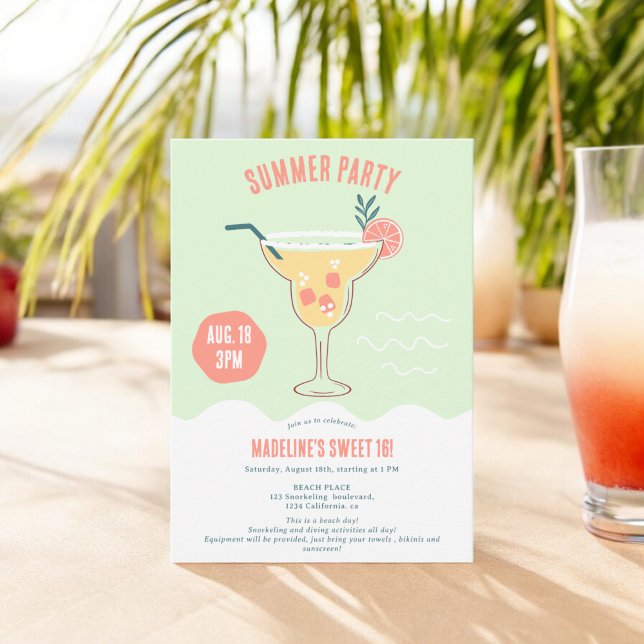 Moderne Cocktail Illustration Sommerstrand Sweet 1 Einladung (Modern Cocktail illustration summer beach Sweet 16 Invitation)