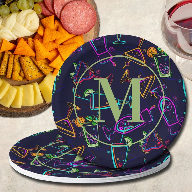 Moderne Cocktails Happy Hour Monogram Paper Plate Pappteller (Von Creator hochgeladen)