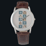 Moderne Collage Fathers Foto & Green Daddy Geschen Armbanduhr<br><div class="desc">Ein modernes Collage Vthers Foto ist ein personalisiertes Geschenk, das mehrere Fotos einer Vater- oder Vaterfigur kreativ und stilvoll kombiniert. Es beinhaltet die Auswahl mehrerer bedeutender Bilder und deren Anordnung in einem Collage-Format, oft mit überlappenden oder rasterähnlichen Designs. Die Fotos können verschiedene Momente oder Erinnerungen, wie Familienferien, besondere Anlässe oder...</div>