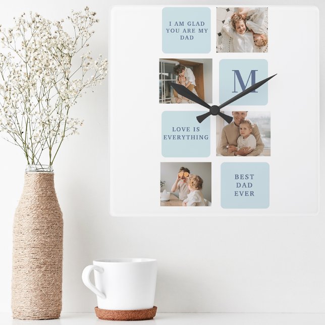 Moderne Collage Fotos Blue Best Fathers Geschenk Quadratische Wanduhr (Von Creator hochgeladen)
