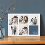 Moderne Collage | Hanukkah-Fotokarte Feiertagskarte<br><div class="desc">Die moderne Hanukkah Foto Collage Card verfügt über fünf quadratische Fotos,  die in einem Rasterlayout angeordnet sind. Ihre persönliche Urlaubssendung und Ihre Namen sind auf hellrauchiger Marineblau unten rechts. Ein einfaches und minimales Hanukkah-Design,  das Ihre Lieblings-Fotos zeigt.</div>