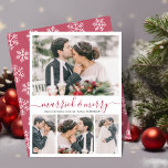 Moderne Collage Verheiratet und frohe Weihnachtska Feiertagskarte<br><div class="desc">Moderne Elegante Kalligraphie Weiß und Rot Kalligraphie 4 FotoCollage Verheiratet und froh Weihnachtskarte. Die Weihnachtskarte mit ihren vier (4) Gitter-Fotos und dem "Verheirateten und fröhlichen" Grußtext, der in einem Wirblen, rot-weiß geschriebenen, swash-Schwanz-Schriftart geschrieben ist. Auf der Rückseite hübsche Schneeflocken in Rot und Weiß. Hübsche Grußkarten leicht zu senden Grüße an...</div>