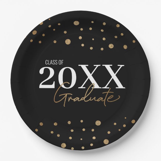 Moderne Confetti Black Gold Class 2024 Graduate Pappteller (Vorderseite)
