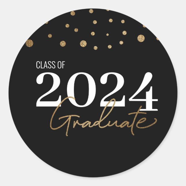 Moderne Confetti Black Gold Class 2024 Graduate Runder Aufkleber (Vorderseite)