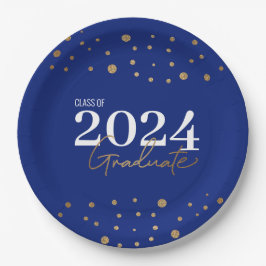 Moderne Confetti Blue Gold Class 2024 Graduate Pappteller