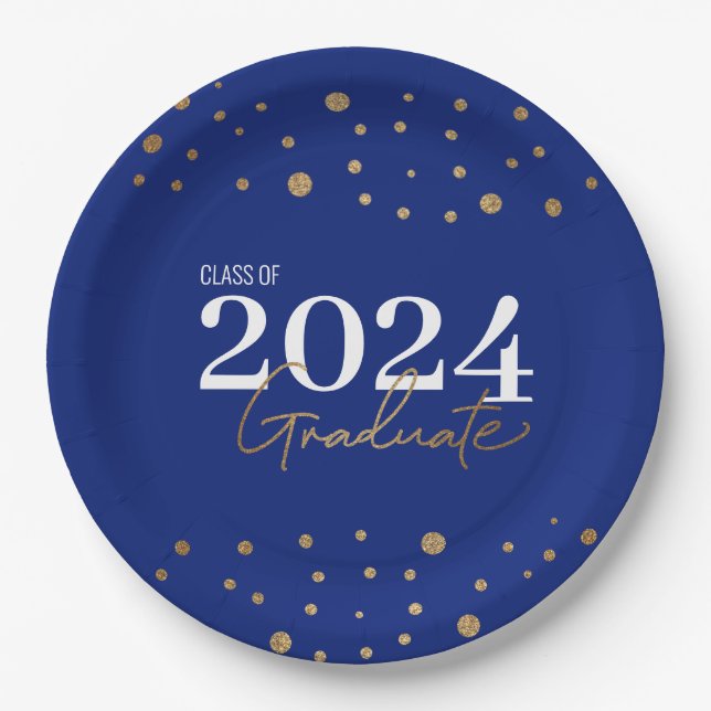 Moderne Confetti Blue Gold Class 2024 Graduate Pappteller (Vorderseite)