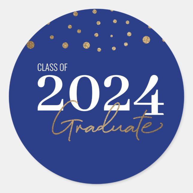 Moderne Confetti Blue Gold Class 2024 Graduate Runder Aufkleber (Vorderseite)