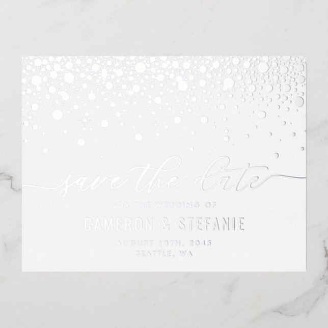 Moderne Confetti Dots Silver Foil Save the Date Folie Einladungspostkarte (Vorderseite)